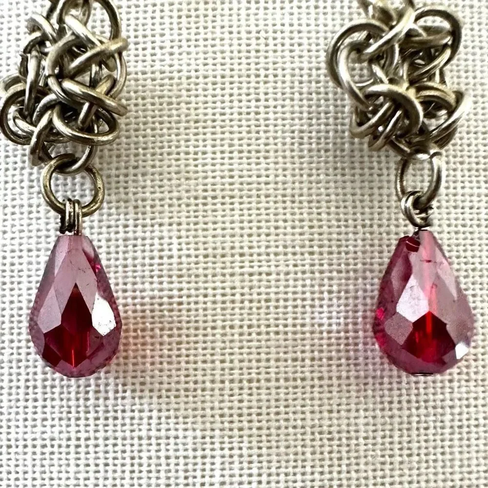 Silver red crystal teardrop earrings silver tone